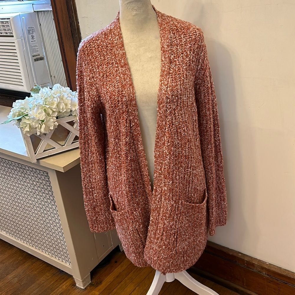 B B Dakota rust white long open pocketed cardigan Size S New